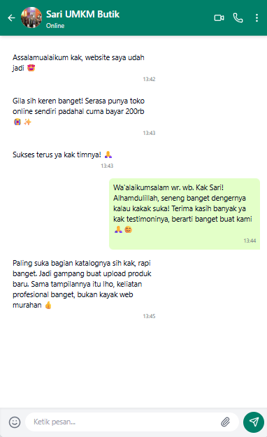 Screenshot testimoni WhatsApp dari klien jasa website 1