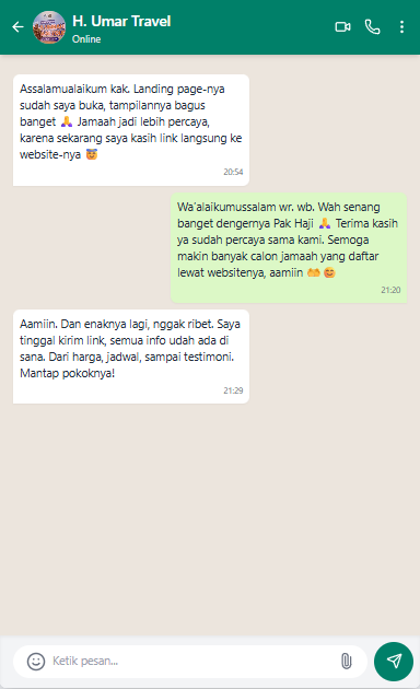Screenshot testimoni WhatsApp dari klien jasa website 2
