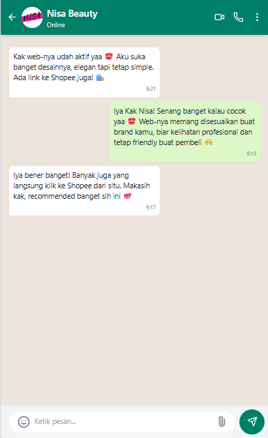 Screenshot testimoni WhatsApp dari klien jasa website 3