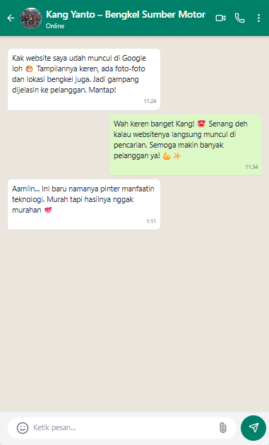 Screenshot testimoni WhatsApp dari klien jasa website 4