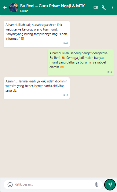 Screenshot testimoni WhatsApp dari klien jasa website 5