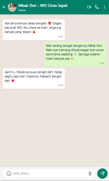 Screenshot testimoni WhatsApp dari klien jasa website 6