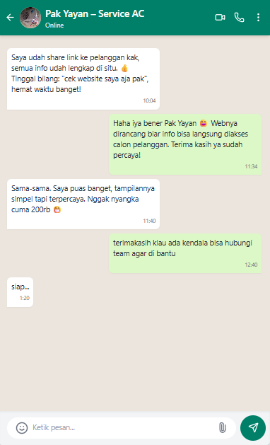 Screenshot testimoni WhatsApp dari klien jasa website 7