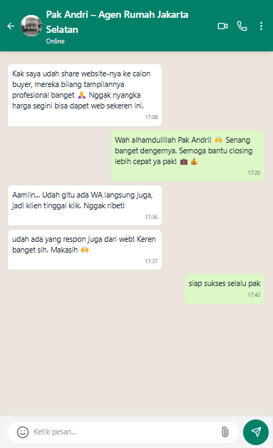 Screenshot testimoni WhatsApp dari klien jasa website 8